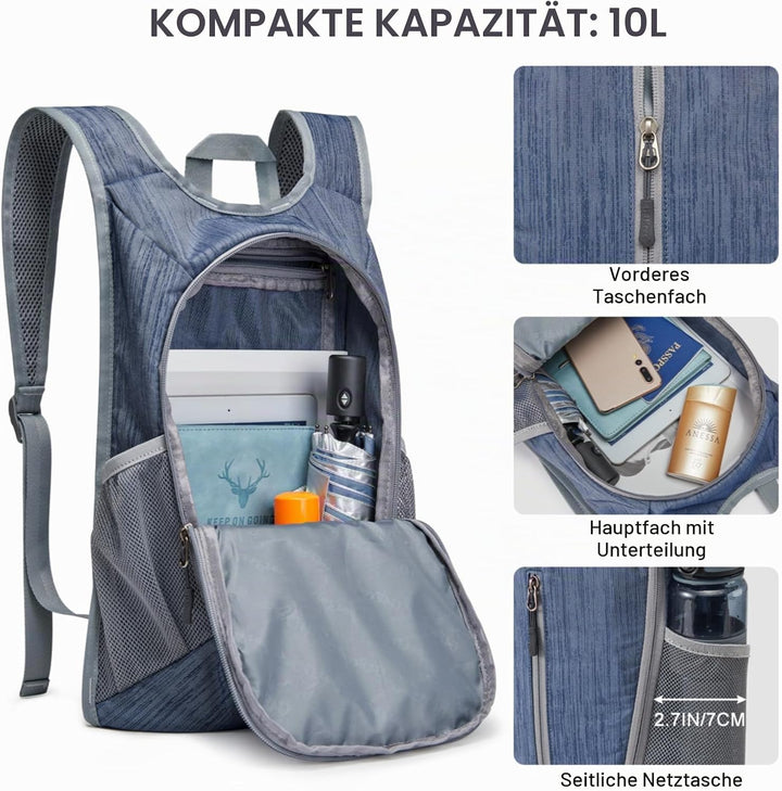 G4Free Wanderrucksack, 10 l, klein, für Reisen, Wandern, Tagesrucksack, leicht, verstaubar Dunkelbla