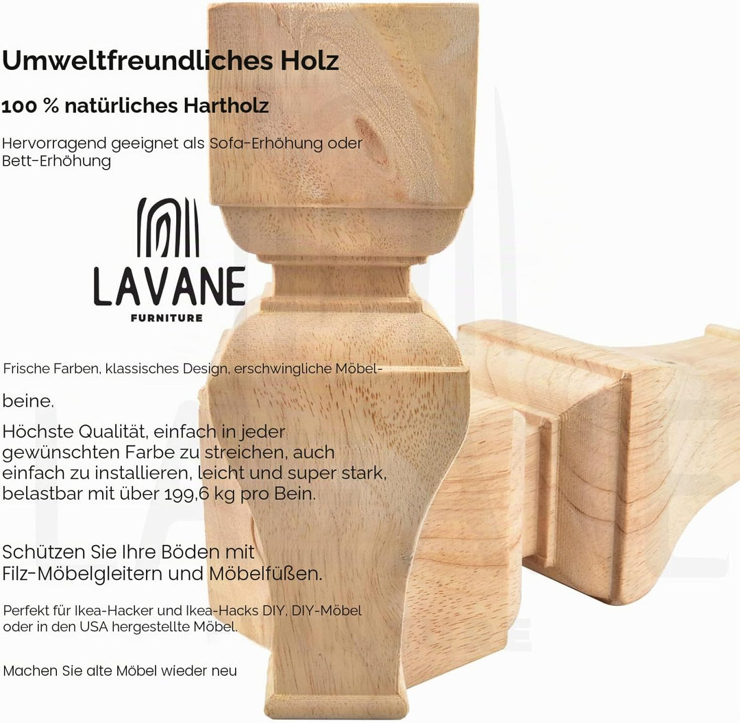 La Vane Möbelbeine aus Holz, geschnitzte Geometrie, unlackierte Ersatzfüsse mit Montageplatte und Sc
