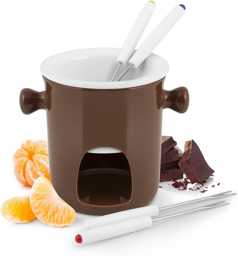 Home 85906 Service Fondue für Schokolade mit 4 Gabeln, Porzellan, Braun, 5 Stück