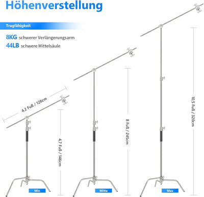 NEEWER Pro Hochleistungs C Ständer aus 100% Edelstahl mit Auslegerarm, maximale Höhe 320cm, Fotograf