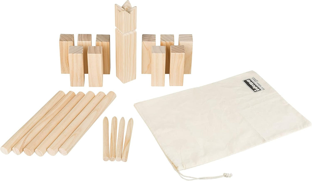 Idena 40175 - Kubb Spiel mit 10 Kubbs, 6 Wurfhölzern, König und 4 Eckstäben, inklusive Transport- un