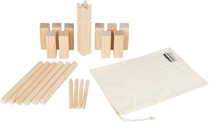 Idena 40175 - Kubb Spiel mit 10 Kubbs, 6 Wurfhölzern, König und 4 Eckstäben, inklusive Transport- un