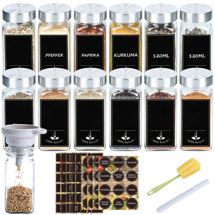 Verdego Gewürzgläser Eckig (12x 120ml), Gewürzdosen mit Edelstahldeckel, Trichter, Etiketten und Sti