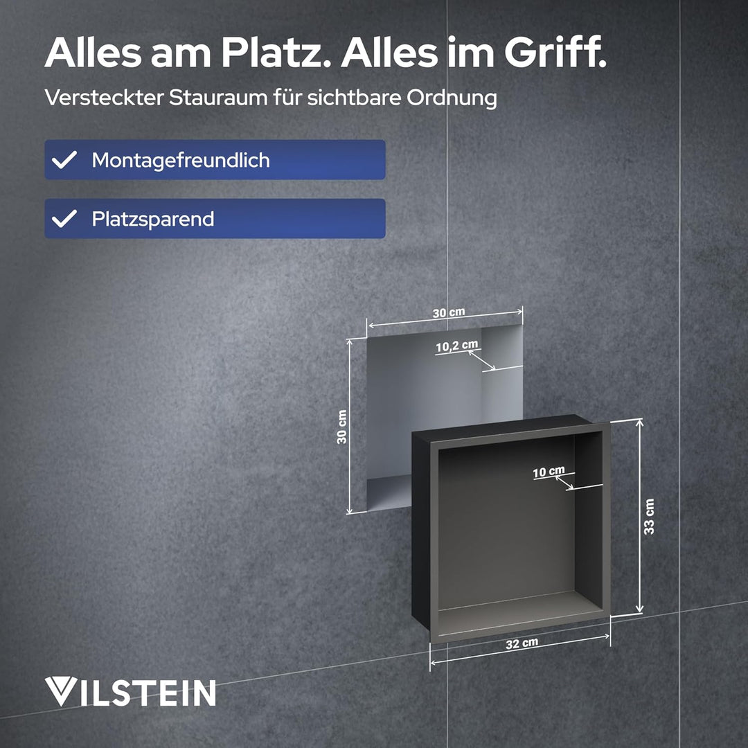 VILSTEIN Wandnische Dusche 30x30 cm [ROSTFREI] - Randlose Duschnische - Wandnische Schwarz - Einbaur