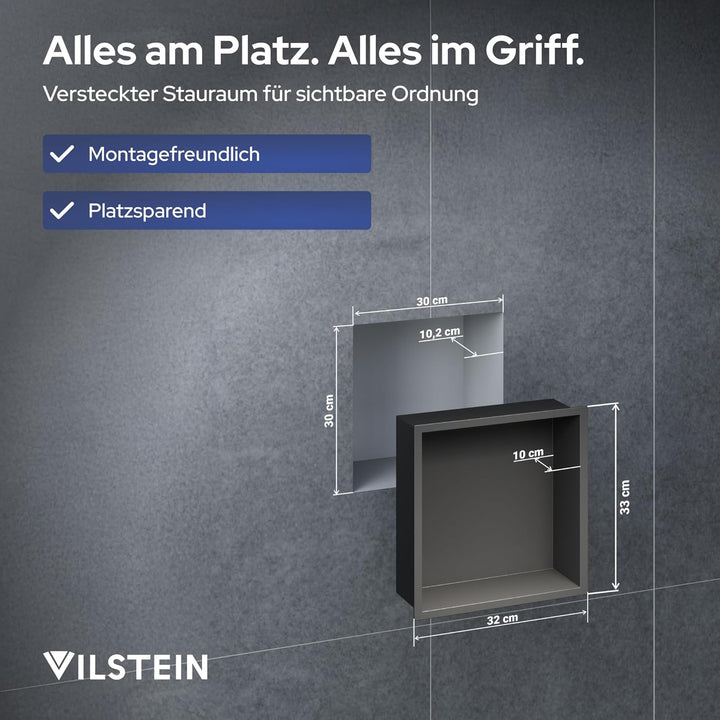 VILSTEIN Wandnische Dusche 30x30 cm [ROSTFREI] - Randlose Duschnische - Wandnische Schwarz - Einbaur