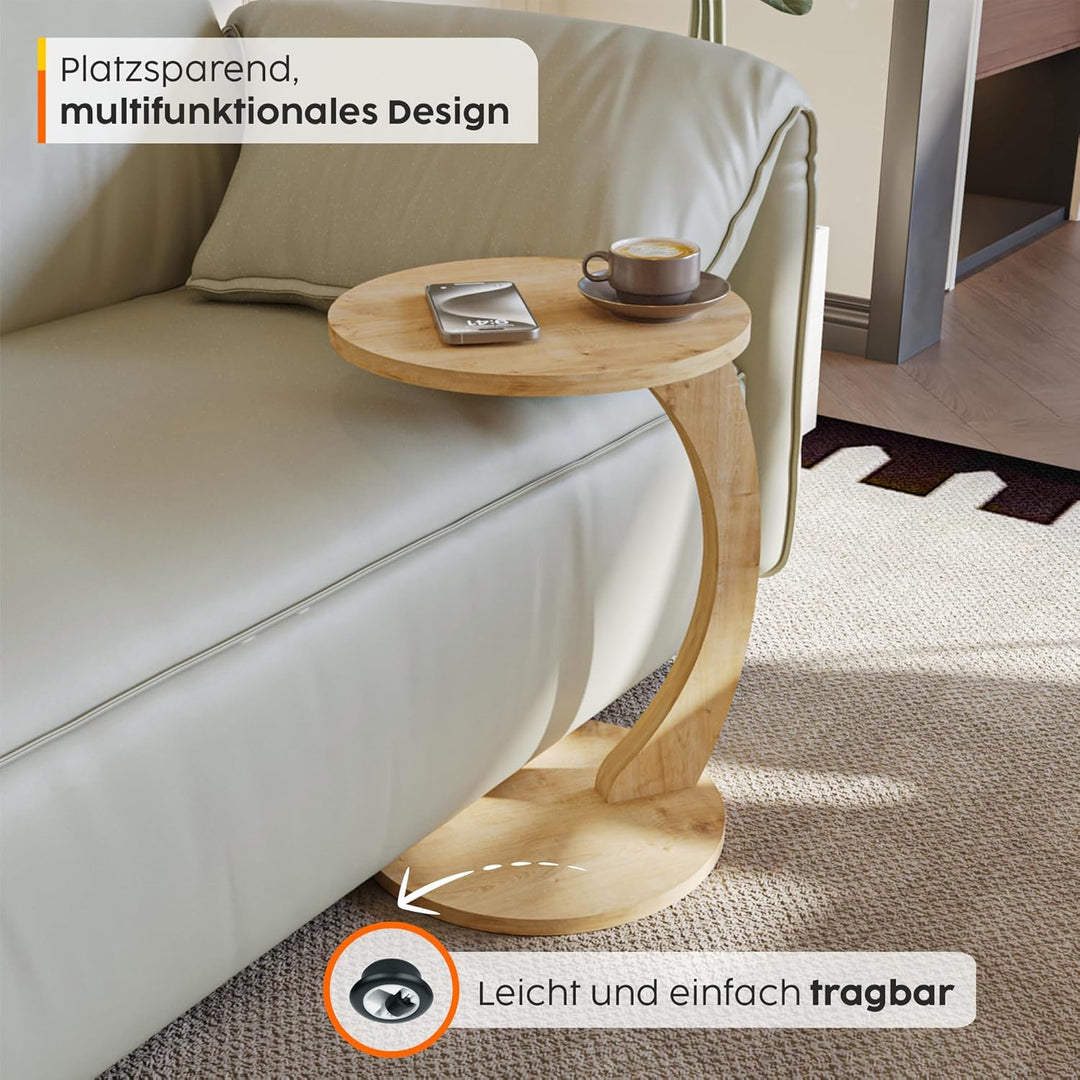 sugodesign Couchtisch mit Rollen, Kleiner Beistelltisch C Form, stylischer Sofatisch in schöner Eich