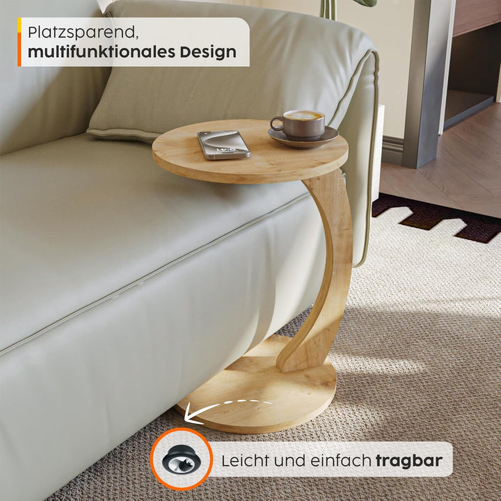 sugodesign Couchtisch mit Rollen, Kleiner Beistelltisch C Form, stylischer Sofatisch in schöner Eich
