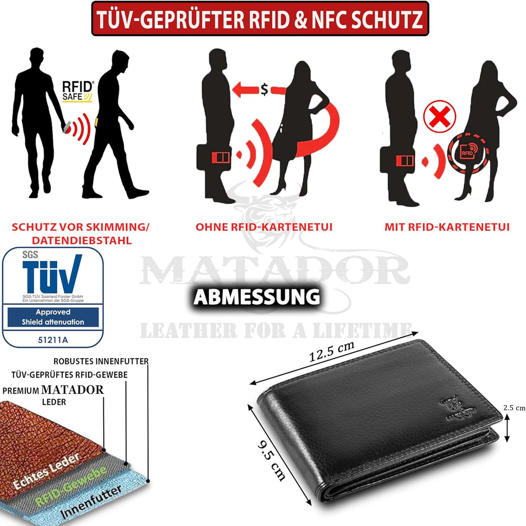MATADOR Geldbörse Herren Leder Portemonnaie Männer TüV geprüfter RFID & NFC Schutz Schwarz/Black Nap