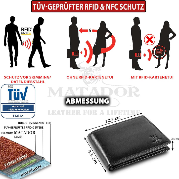 MATADOR Geldbörse Herren Leder Portemonnaie Männer TüV geprüfter RFID & NFC Schutz Schwarz/Black Nap