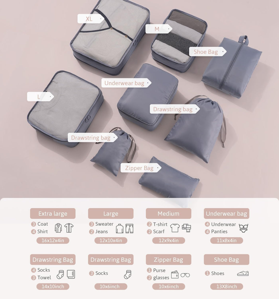 Meowoo 8-teilig Koffer Organizer Set, Packing Cubes, Packwürfel für Urlaub & Business, Reise Organiz