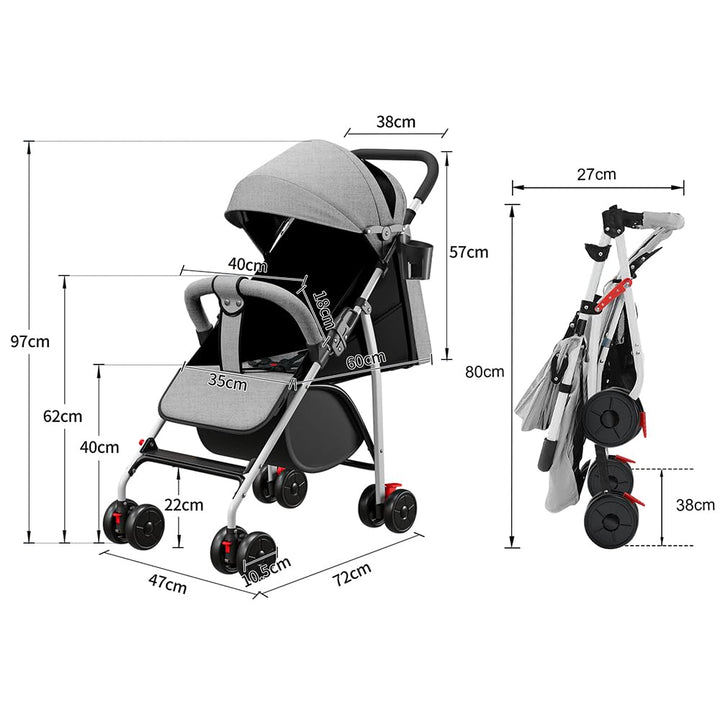 OHMG Kinderwagen mit kompaktem Gehstock, 0 – 36 kg, Reisekinderwagen mit Wattepads und Moskitonetz,