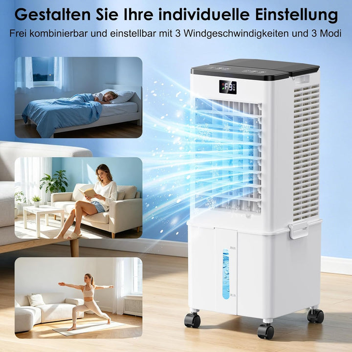 Klimaanlage Mobil 10L ohne Abluftschlauch, 60W Luftkühler 4-in-1 mit 12H Timer, 4 Modi, 120°Schwenkf