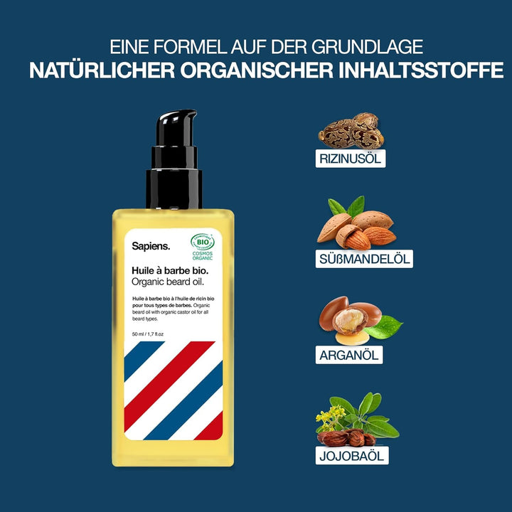 Sapiens Barbershop Bartöl Herren - BIO Bartpflege Öl Cosmos Organic Zertifiziert mit Rizinusöl - Bar