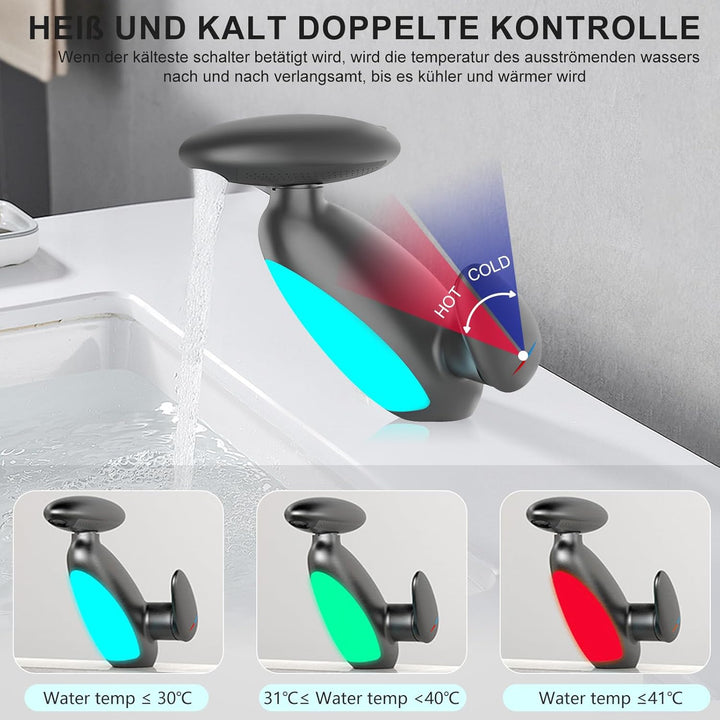 Wasserhahn Bad, 4 modus wasserhahn, Kreativer Waschtischarmatur mit Wasser Temperaturwechselnde Bele