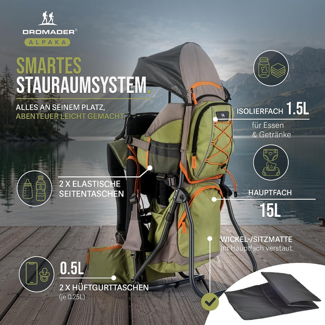 Dromader Kraxe Kindertrage bis 22kg – Kindertrage Wandern mit Sonnendach, Regenschutz, Thermotasche,
