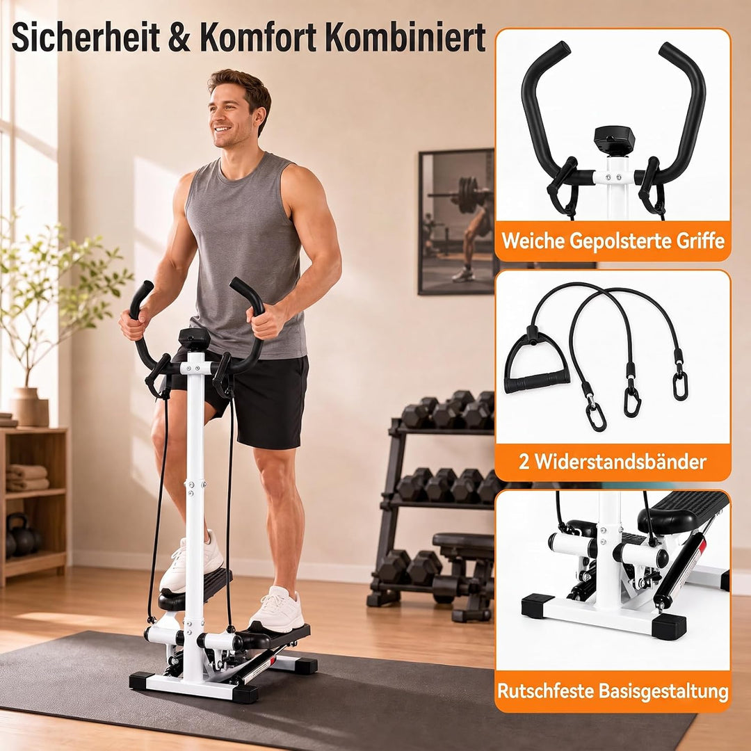 COSTWAY Mini Stepper mit Lenker, leise &amp; rutschfest | Fitness-Stepper mit Widerstandsbändern &amp; LCD D