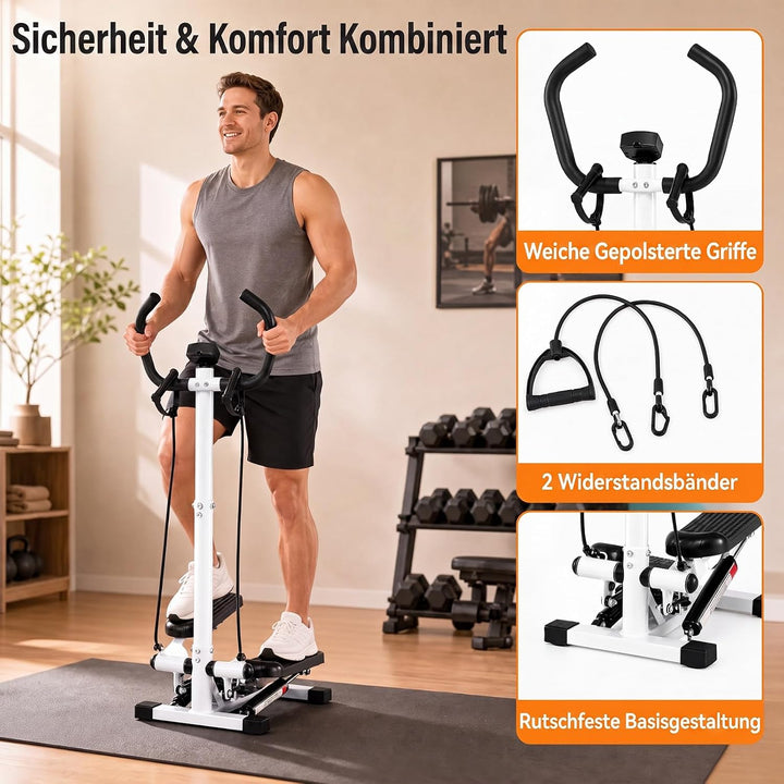 COSTWAY Mini Stepper mit Lenker, leise &amp; rutschfest | Fitness-Stepper mit Widerstandsbändern &amp; LCD D