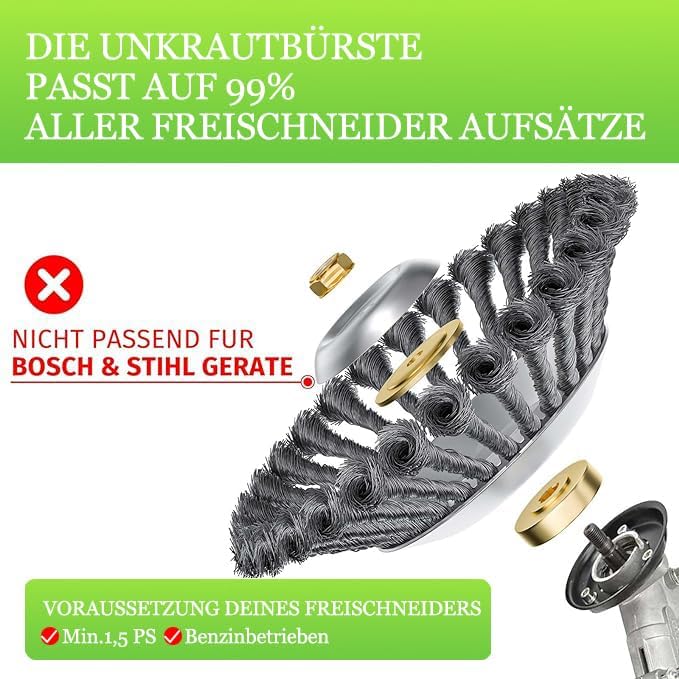 2 Stück Unkrautbürste für Freischneider mit 25,4mm Bohrung, Wildkrautbürste für Motorsense, Drahtbür
