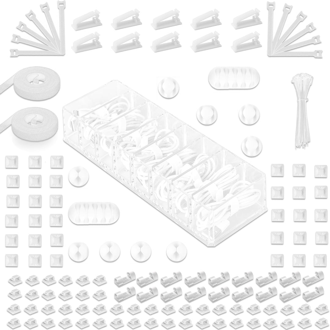 MiuCo 255Pcs Weiss Kabelmanagement Set Mit Kabelbox, Kabelhalter Selbstklebend, Rollenkabelbinder, S