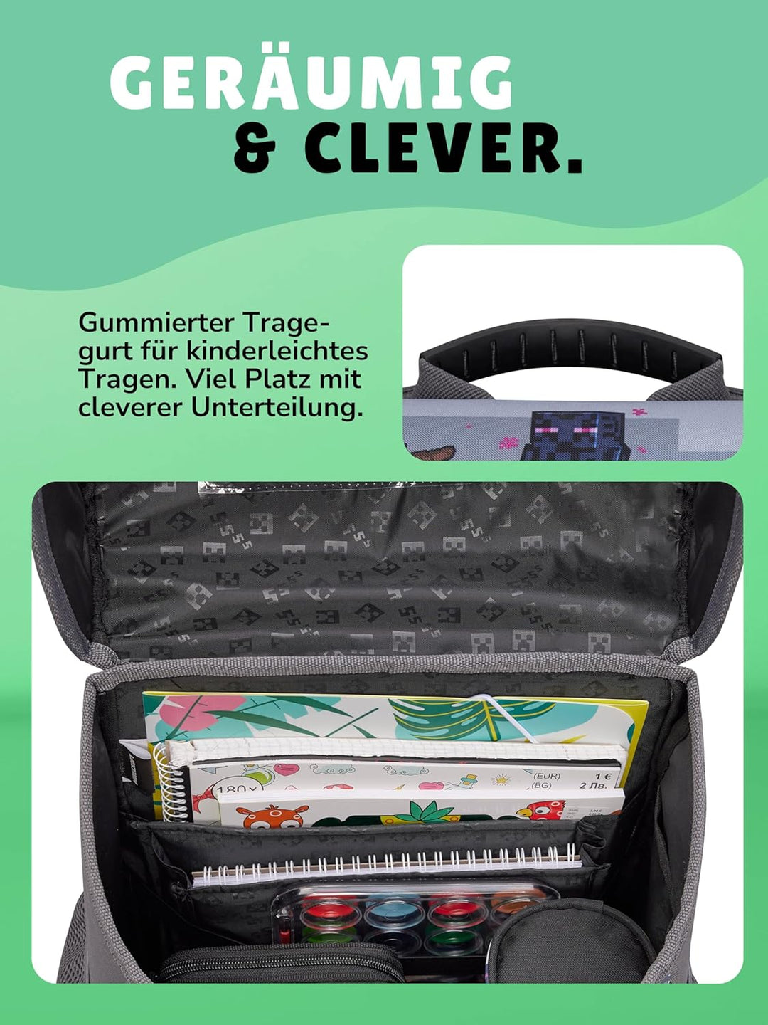 Familando - Schulranzen Set 6-teilig mit Federmappe - Minecraft - Ergonomisch, stabil & mit gepolste