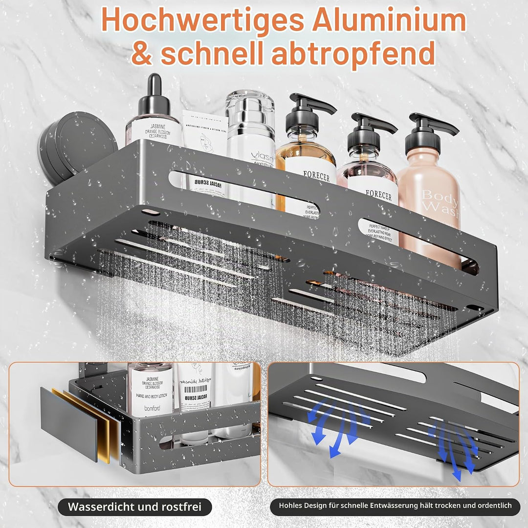 Wisfame Duschablage ohne Bohren, Alu Duschregal Saugnapf Badregal 32cm Grau | Feuchtigkeits Rostfrei