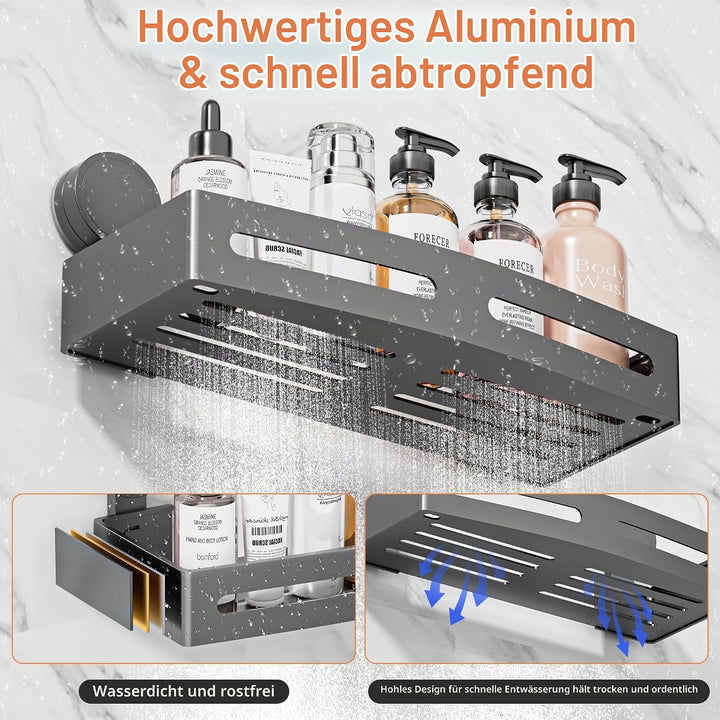 Wisfame Duschablage ohne Bohren, Alu Duschregal Saugnapf Badregal 32cm Grau | Feuchtigkeits Rostfrei