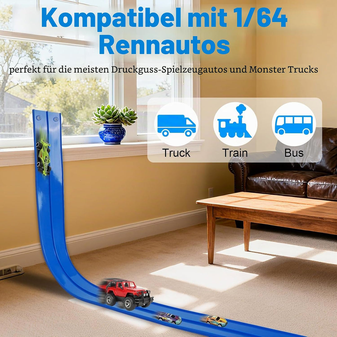 Autorennbahn 4.5M Rennbahn Kinder, Rennstrecke Auto Spielzeug mit 4 Autos und Aufbewahrungstasche, D