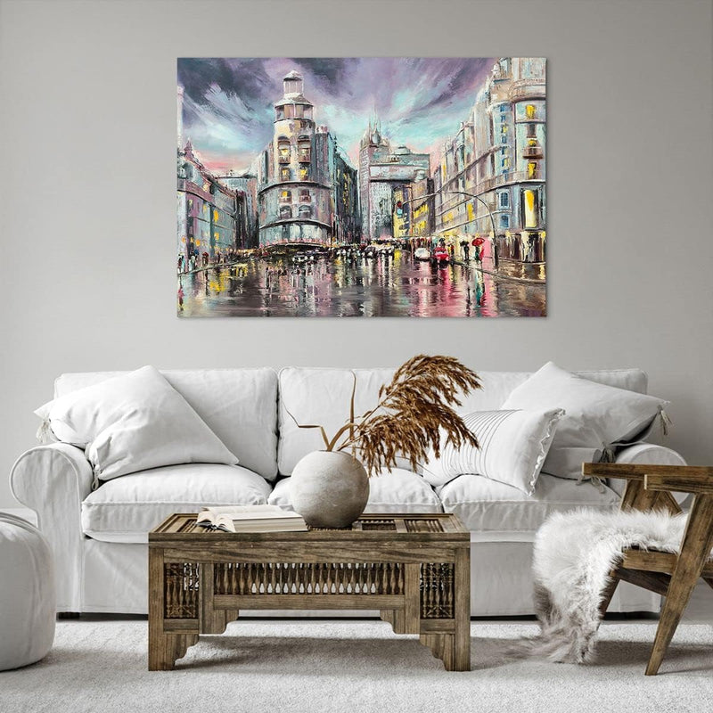 Bilder auf Leinwand 100x70cm Leinwandbild mit Rahmen Stadt Strasse Haus Gross Wanddeko Bild Schlafzi