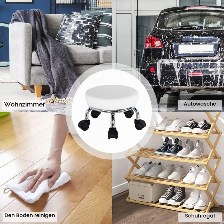 WKWKER Rollsitz PU Leder Low Round Rollhocker Kleiner Hocker mit Universal Drehrollen Rollen für Hom