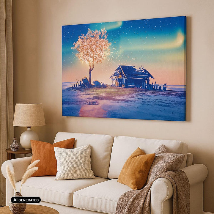 ARTTOR Bilder auf Leinwand 100x70cm Leinwandbild Baum Haus Nacht Sterne Gross Wanddeko Bild Schlafzi