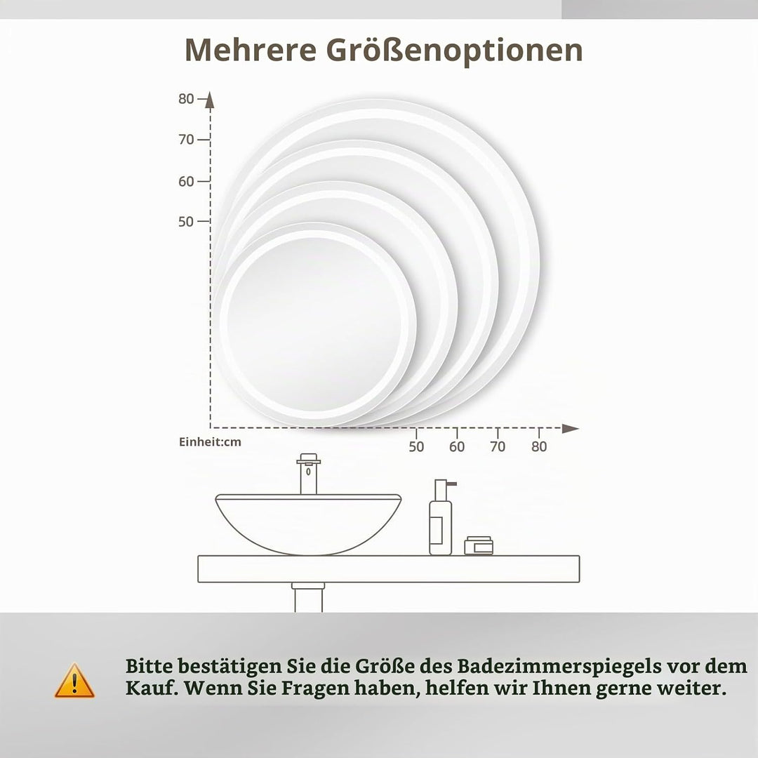 Dripex Badspiegel mit Beleuchtung Rund Led Spiegel mit Uhr und Touch-Schalter, Dimmbar, 3 Lichtfarbe