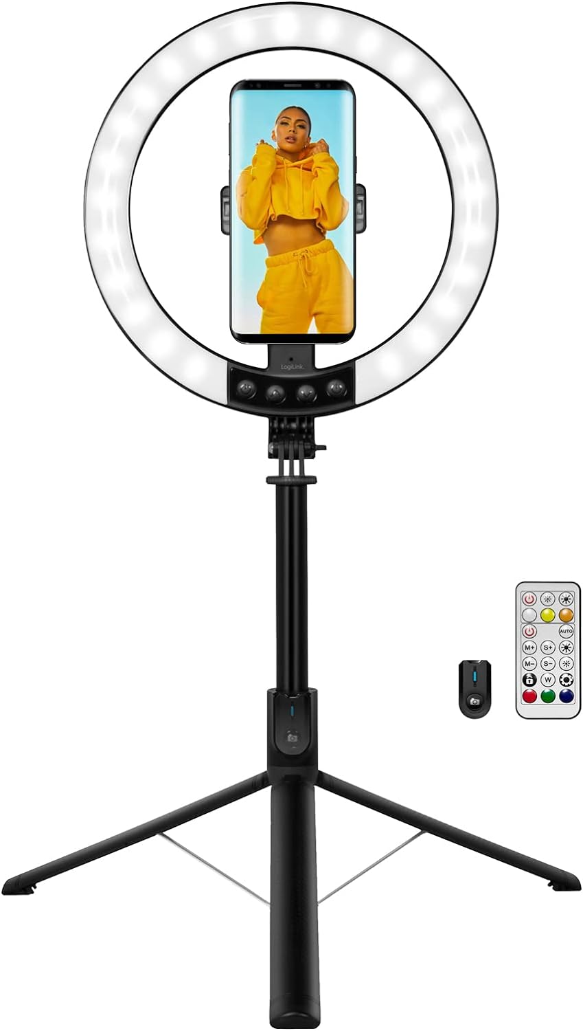 LogiLink AA0156 - LED Ringlicht/Ring Light (Ø 25 cm) mit Smartphone Halterung, 26-RGB-Farbmodi und 9