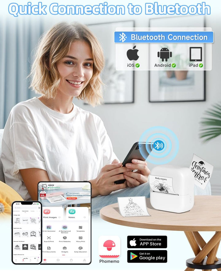 Phomemo Aufkleber Drucker - Mini Fotodrucker, M02X Kabellos Bluetooth Thermischer Mobiler Drucker, T