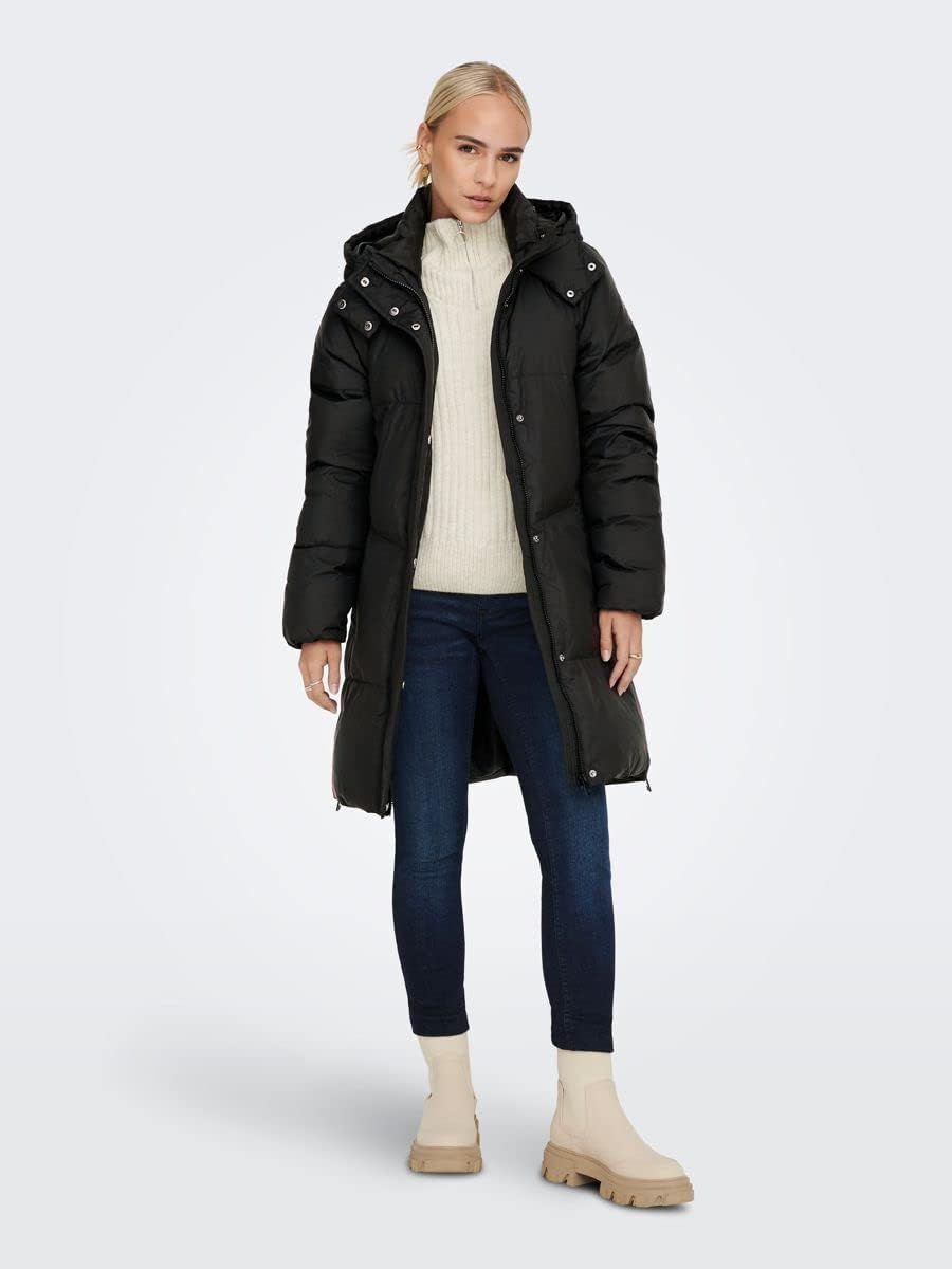 ONLY Damen Mantel ONLALICIA DOWN HOOD COAT OTW XS Schwarz, XS Schwarz
