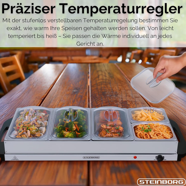 Steinborg® Buffetwärmer XXL elektrische Warmhalteplatte mit Deckel Speisewärmer 450 Watt 5 Speisebeh