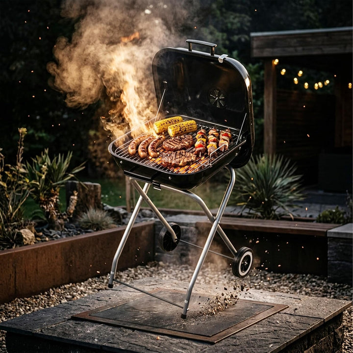 Relaxdays mobiler Holzkohlegrill mit Deckel &amp; Rollen, faltbarer Campinggrill, Balkon, Garten &amp; Park,