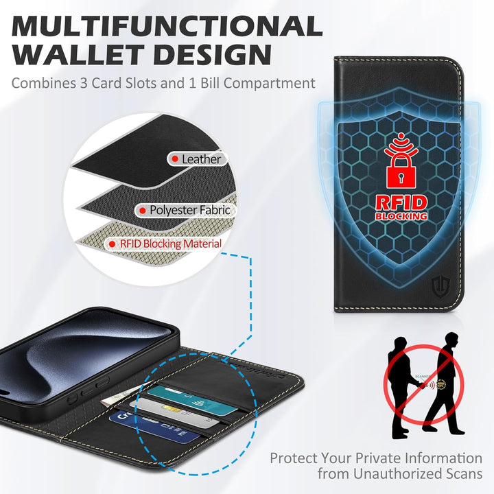 SHIELDON Hülle für iPhone 15 Pro Max, Stossfeste Schuzhülle [Echtleder] [Kartenfach] [Stand] [Verdic