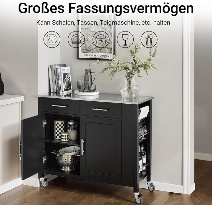 SoBuy Küchenwagen mit Edelstahlplatte Rollwagen mit Seitenregal, Sideboard, Kücheninsel, Küchenschra