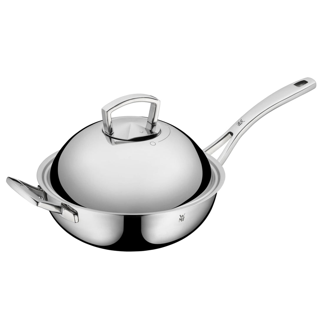 WMF Multiply Wokpfanne 28 cm, Wok Induktion unbeschichtet, Metalldeckel mit Wrasenabzug, Mehrschicht