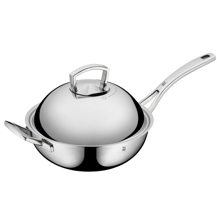 WMF Multiply Wokpfanne 28 cm, Wok Induktion unbeschichtet, Metalldeckel mit Wrasenabzug, Mehrschicht