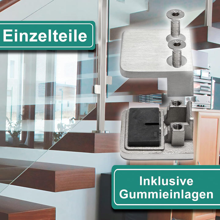 PRIOstahl Glashalter 4 Stück Glasklemmen Klemmhalter Glasplattenhalter Eckig 45 x 45 x 25-27 mm Ansc