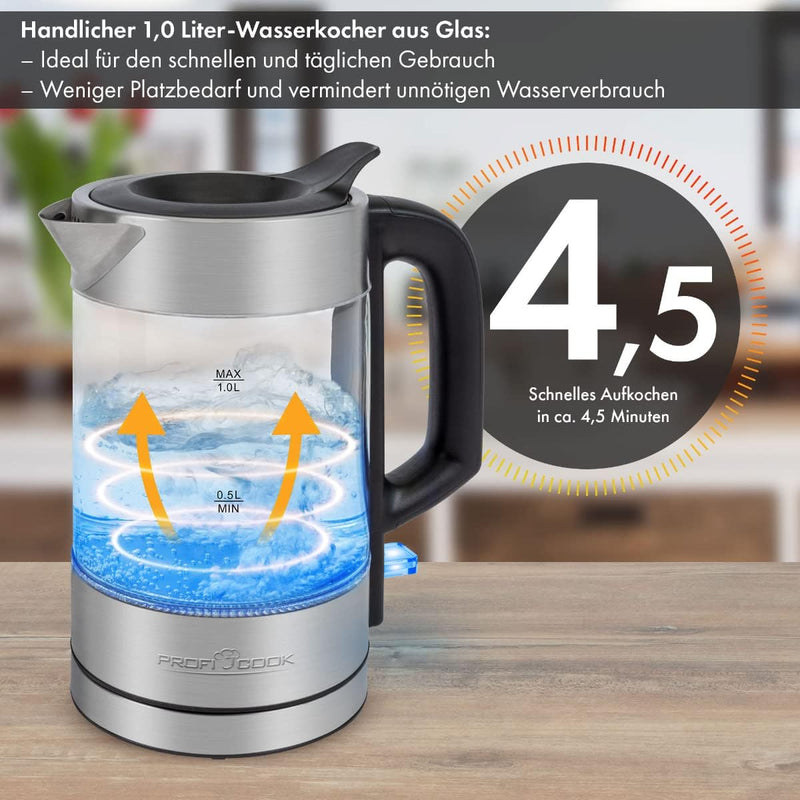 ProfiCook Wasserkocher Glas Edelstahl mit LED Beleuchtung 1 Liter, hitzebeständiger Glaswasserkocher