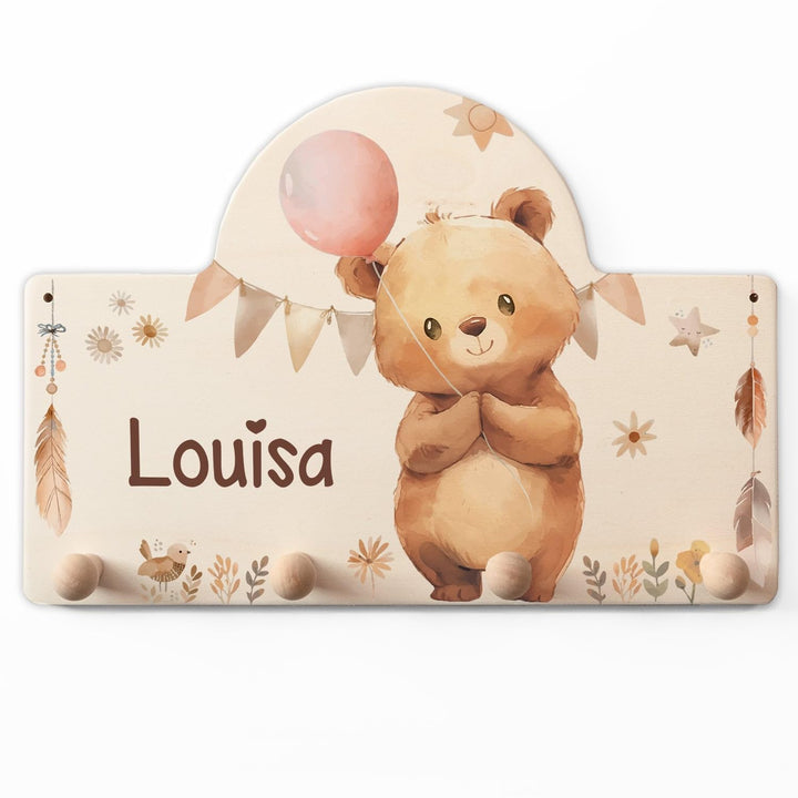 GRAVURZEILE Personalisierte Kindergarderobe - Bär - Personalisiert mit Name - Garderobe aus Holz mit