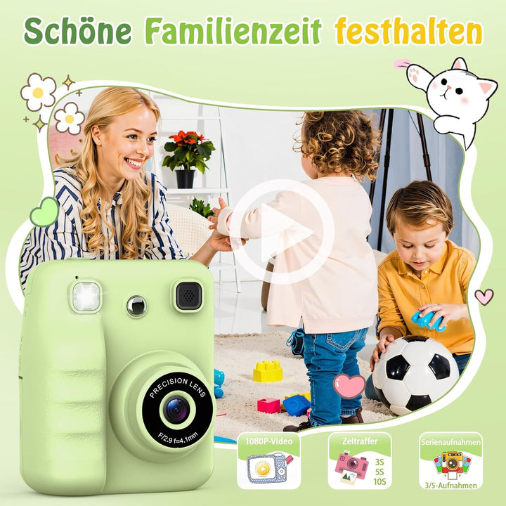 Kinderkamera Sofortbildkamera, Geschenk für Mädchen Jungen von 3–12 Jahren | 2.4" Bildschirm,1080p-V
