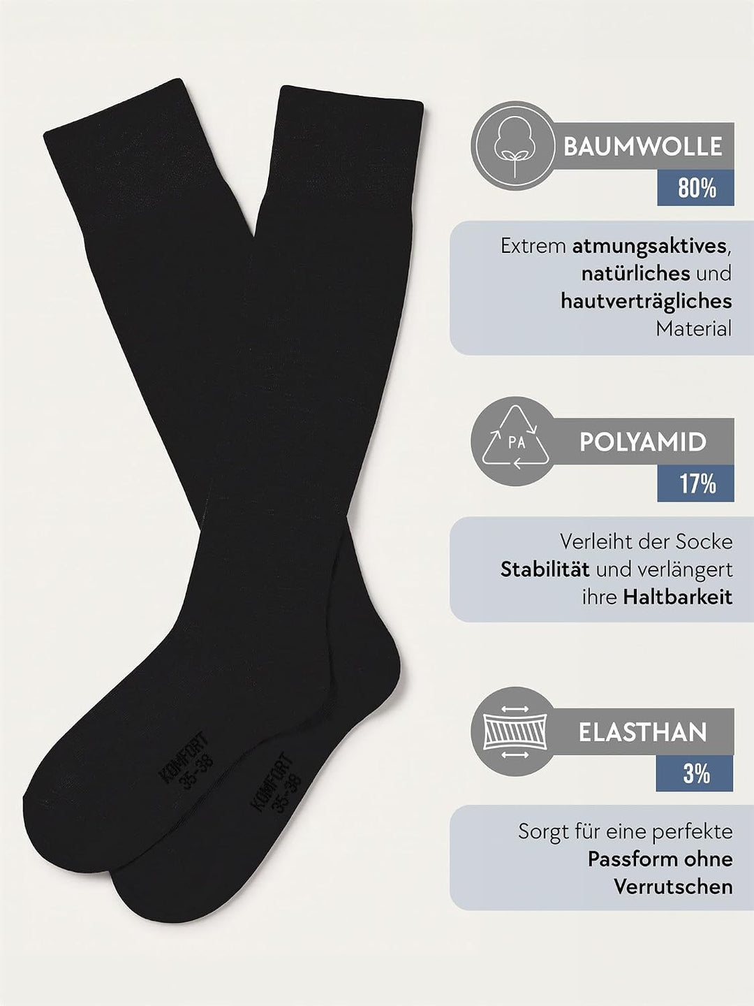 normani 6 Paar Original Business Kniestrümpfe Baumwolle mit Elasthan ohne Gummidruck Farbe Schwarz o