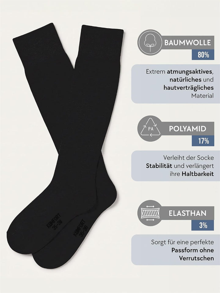 normani 6 Paar Kniestrümpfe aus Baumwolle mit Elasthan ohne Gummidruck - Hautfreundliche hohe Busine