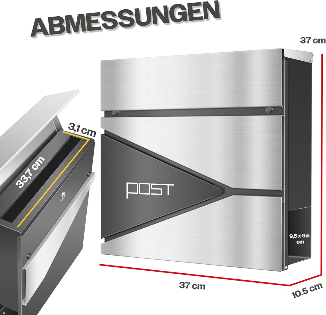 KESSER® Briefkasten mit Zeitungsfach Wandmontage Wandbriefkasten Edelstahl, 2X Schlüssel abschliessb