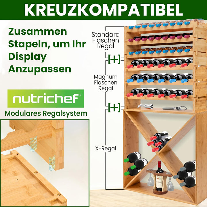 NutriChef Regal Schmal Weinregal aus Bambus Holz – 36 Flaschen, 4 Etagen – Stapelbares Flaschenregal