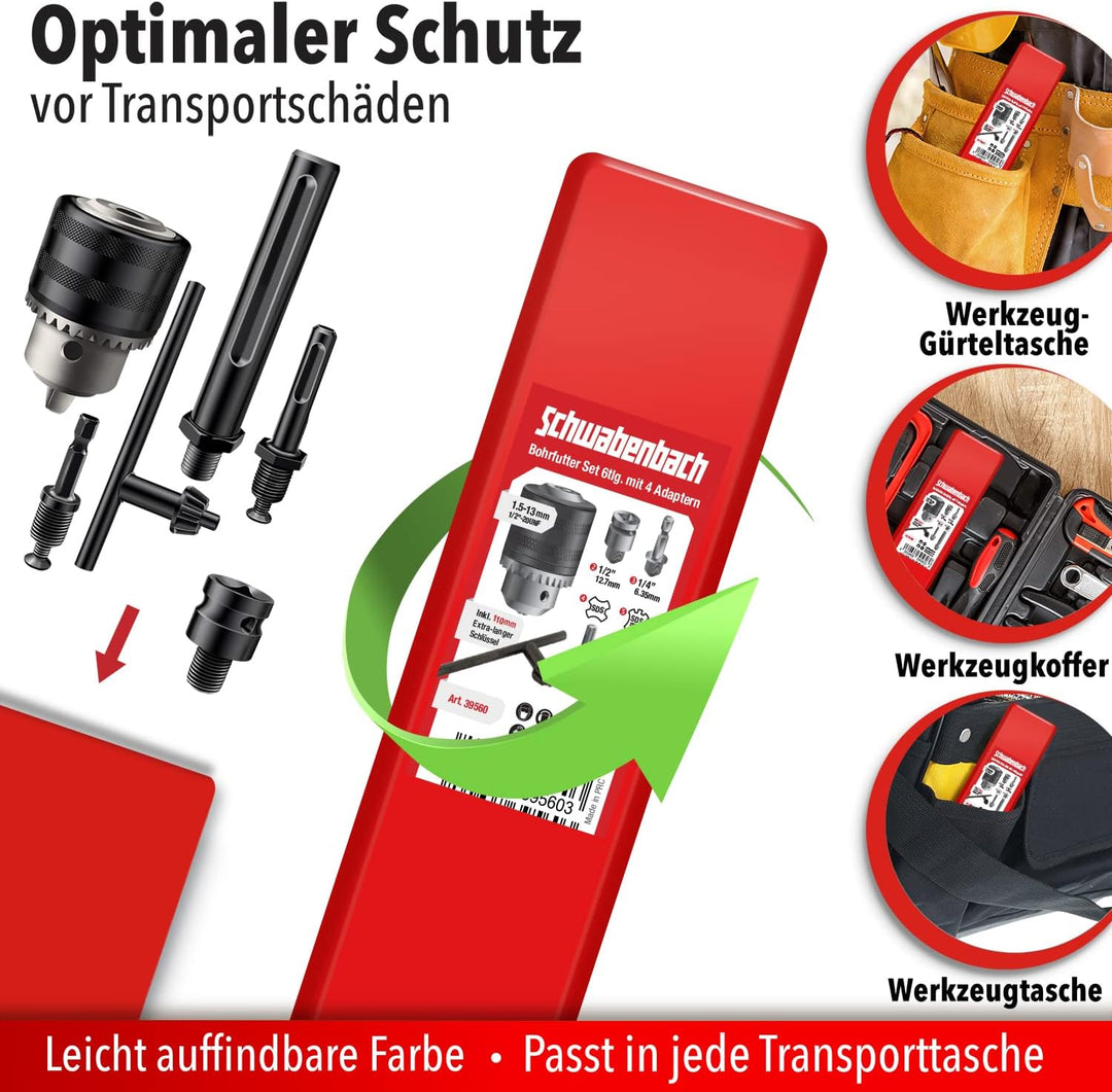 SCHWABENBACH ® Bohrfutter Komplett Set 6tlg mit 4 Adapter - Premium Set mit Bohrfutterschlüssel 110m