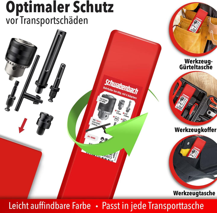 SCHWABENBACH ® Bohrfutter Komplett Set 6tlg mit 4 Adapter - Premium Set mit Bohrfutterschlüssel 110m